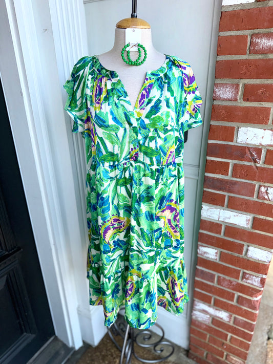 V Neck Woven Print Dress